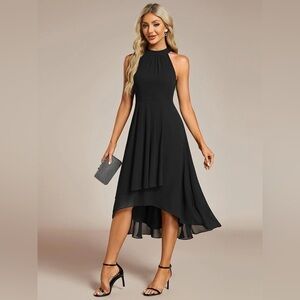 🆕 Midi Halter Neck Chiffon Wedding Guest Dress with Sleeveless and A-Line
